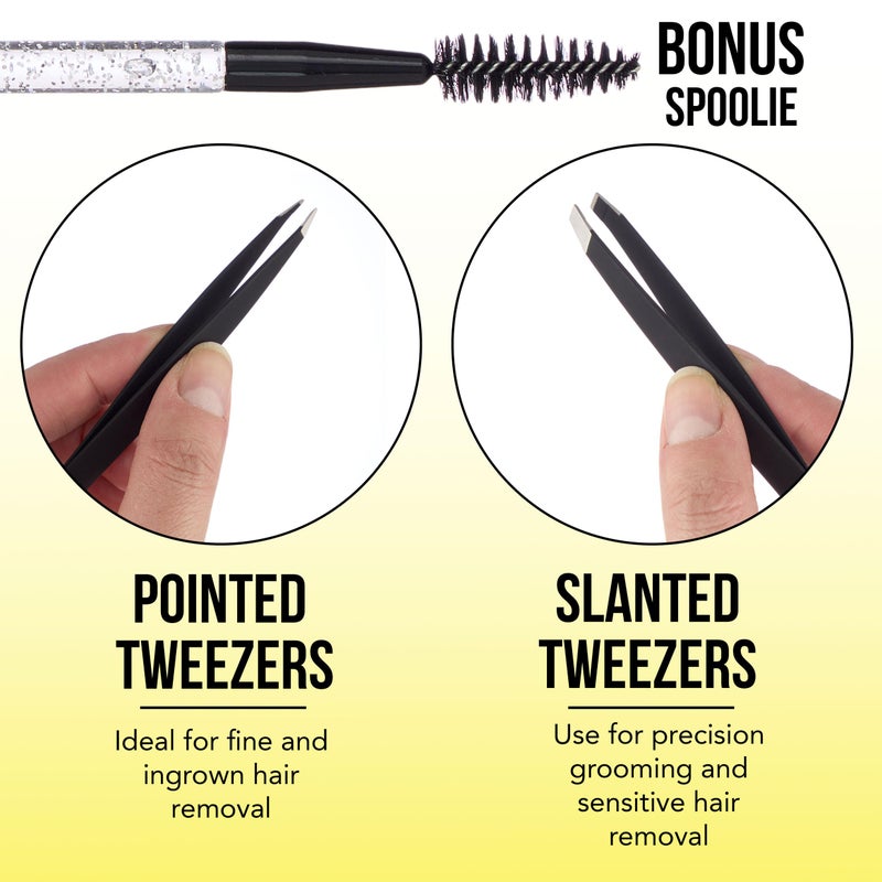 فور ايفر 21 مجموعة ملاقط سوداء من 3 قطع مع فرشاة لامعة - ملاقط لإزالة الشعر، مجموعة ملاقط بزاوية ومدببة، ملاقط دقيقة ومجموعة فرشاة للرموش - Image 3